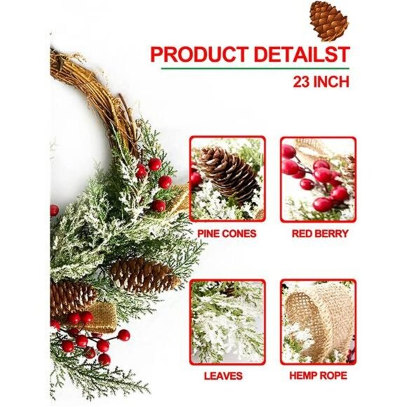 Christmas Artificial Wreath for Front Door, Outdoor Christmas Wreath Flocked - Picture 4 of 7